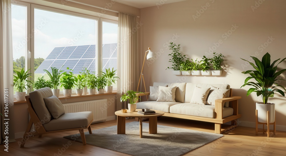 Bright and sustainable living room with minimalist wooden furniture, indoor plants, and a large window showcasing solar panels outside Bright and sustainable living room with minimalist wooden furniture, indoor plants, and a large window showcasing solar panels outside