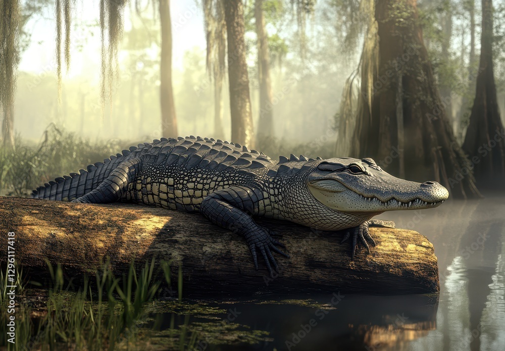 Majestic Alligator Resting on Log in Serene Swamp Environment Surrounded by Lush Vegetation and Misty Background at Dawn or Dusk Majestic Alligator Resting on Log in Serene Swamp Environment Surrounded by Lush Vegetation and Misty Background at Dawn or Dusk
