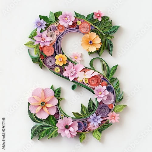 Intricate Paper Quilling: A Blooming Letter S, Crafted with Delicate Flowers and Lush Greenery. photo