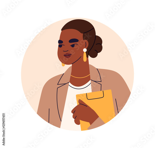 Business woman portrait. Female CEO, manager, head avatar. African American lady boss holding document, user profile. Office worker face. Flat vector illustration isolated on white background