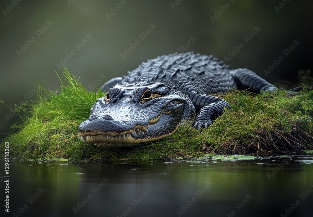 Fototapeta premium Majestic Alligator Resting on Lush Green Island in Serene Wetland Setting with Calm Reflections in Water and Soft Natural Light