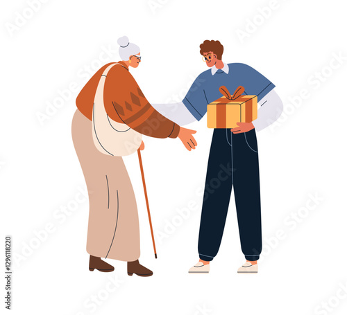 Young man giving gift box to elderly woman. Festive holiday present for senior old aged retired lady. Helping, caring about elder generation. Flat vector illustration isolated on white background