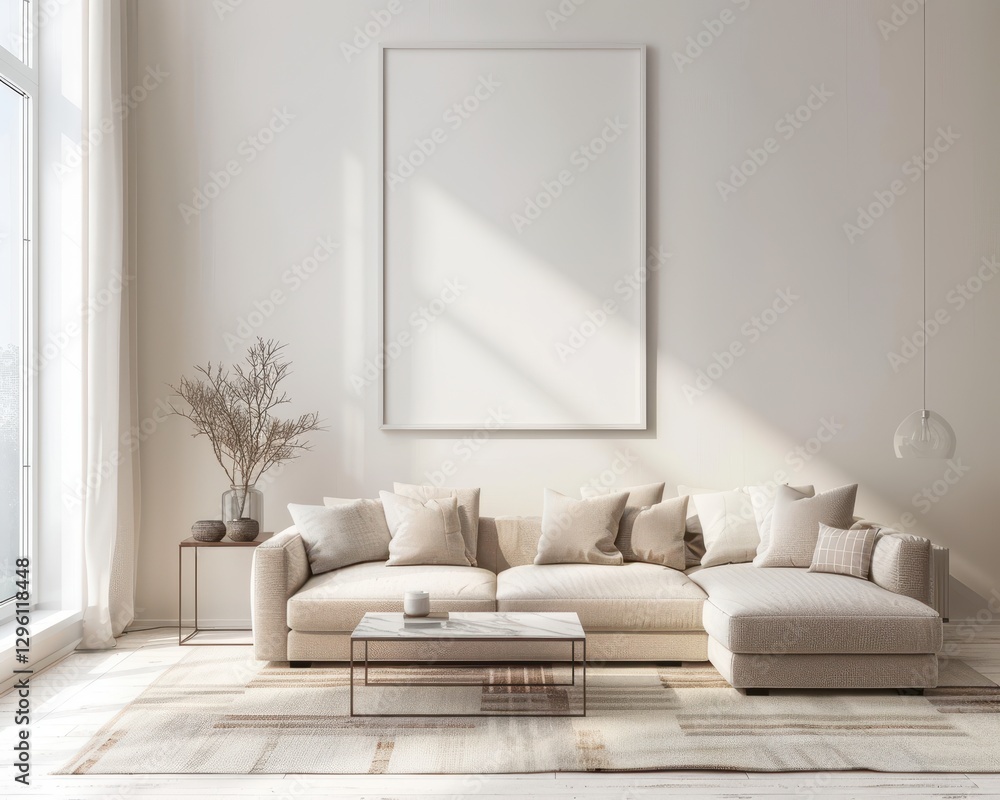 Fototapeta premium Minimalist living room interior with a beige sofa. coffee table. and a large framed canvas mockup