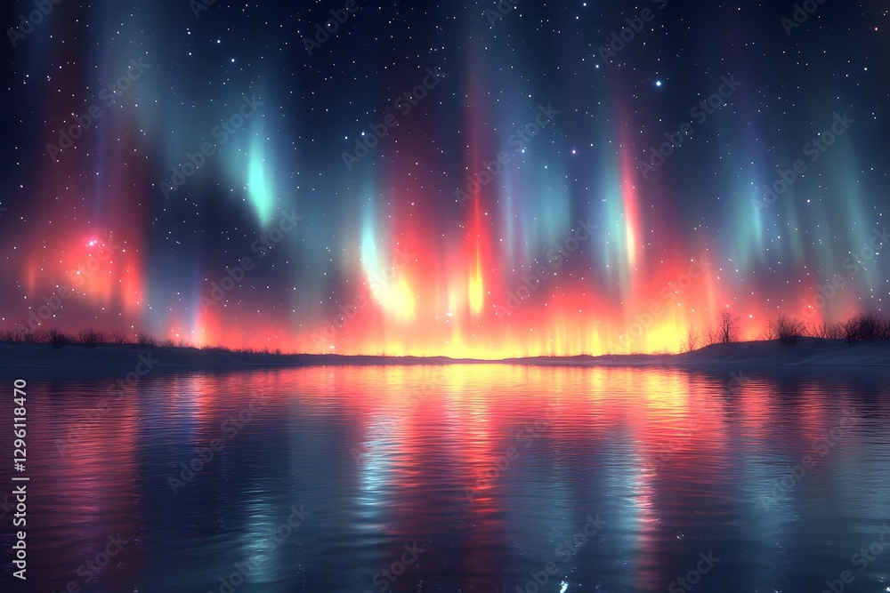 Fototapeta premium Aurora Borealis Reflections Over Tranquil Winter Lake at Night
