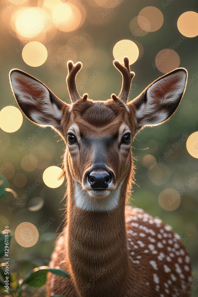 Fototapeta premium Young deer gazes calmly at the viewer surrounded by a blur of warm sunlight and soft, glowing orbs in the background