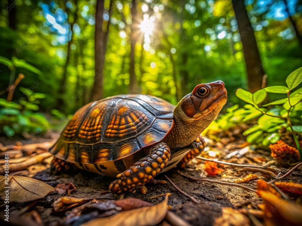 Obraz premium Aerial View of Box Turtle in Lush Forest - Drone Photography