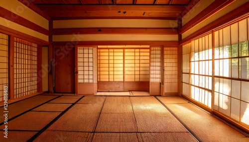 Wallpaper Mural A traditional Japanese-style empty room featuring tatami flooring, wooden sliding doors, and soft natural lighting, evoking calmness. Torontodigital.ca