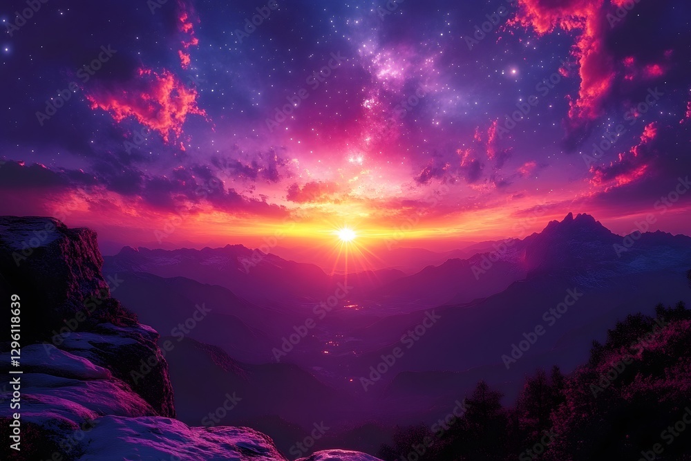 Obraz premium Majestic Mountain Sunrise Over Valleys and Starry Sky Landscape