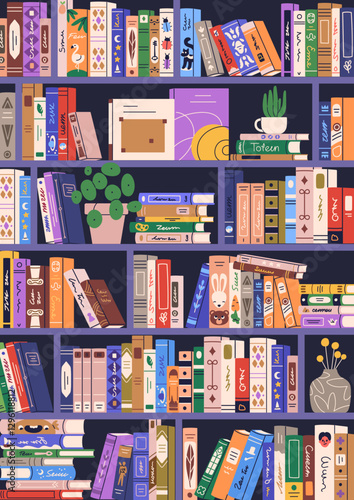 Bookshelf background. Book shelf, education card with literature for reading, studying. Stacked fiction novels, encyclopedia spines, bookcase store. Library backdrop, poster. Flat vector illustration