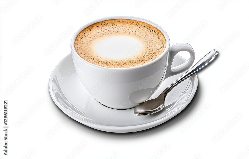 Fototapeta premium Creamy Latte in White Cup on Saucer with Spoon Studio Shot