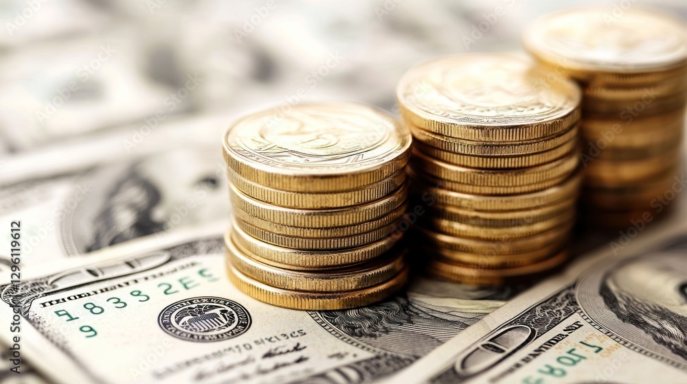 Fototapeta premium Stacks of Coins on Dollar Bills for Financial Investment Concept