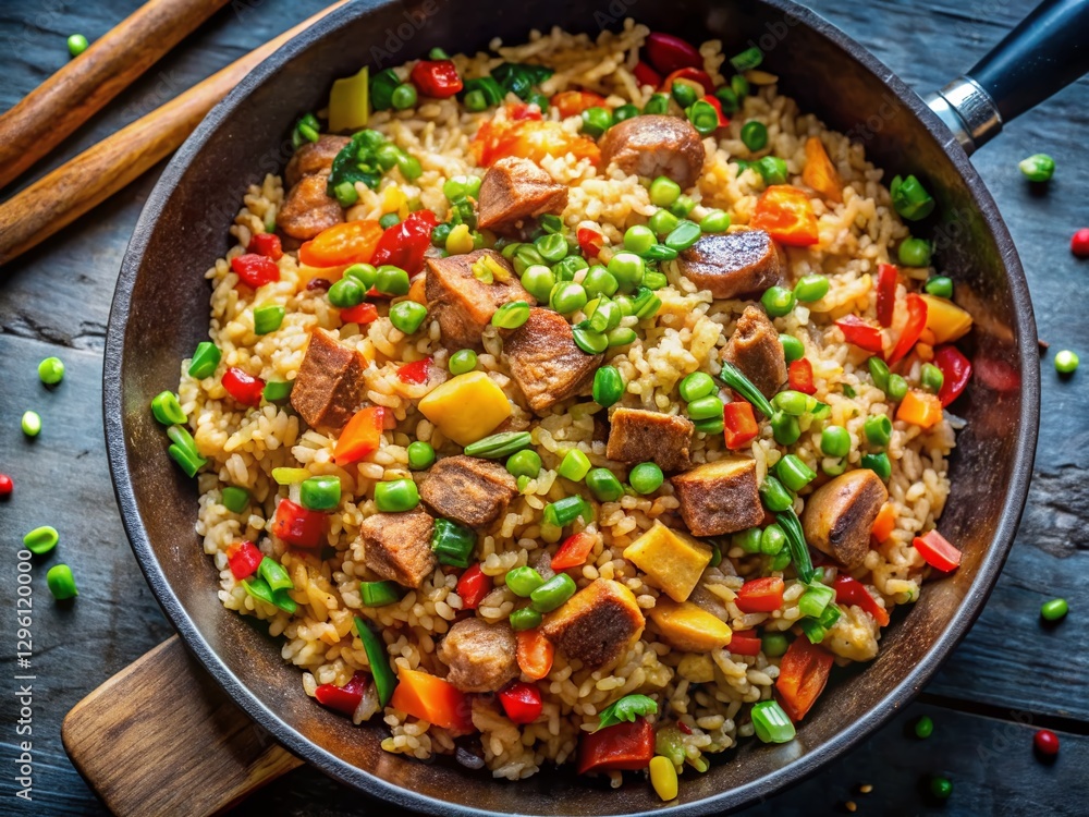 Aerial View of Delicious Chinese Fried Rice with Meat and Vegetables - Plenty of Space for Text Overlay Aerial View of Delicious Chinese Fried Rice with Meat and Vegetables - Plenty of Space for Text Overlay