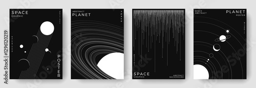 Set of abstract space astronomy backgrounds. Line art galaxy, universe, planet, solar system. Black and white science future concept. Cosmic minimal design for cover, poster, banner, flyer, brochure