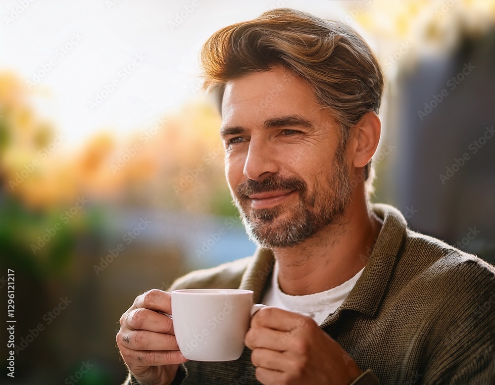 man with a genuine smile, holding a steaming cup of coffee. His relaxed expression and the soft focus on the background evoke a sense of comfort and contentment man with a genuine smile, holding a steaming cup of coffee. His relaxed expression and the soft focus on the background evoke a sense of comfort and contentment