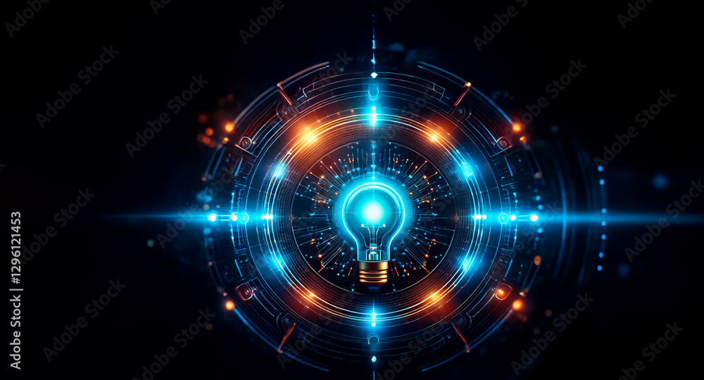 Obraz premium Vibrant light bulb illuminates a futuristic cybernetic circle with glowing blue and orange lights against a dark backdrop, symbolizing innovation and digital technology.