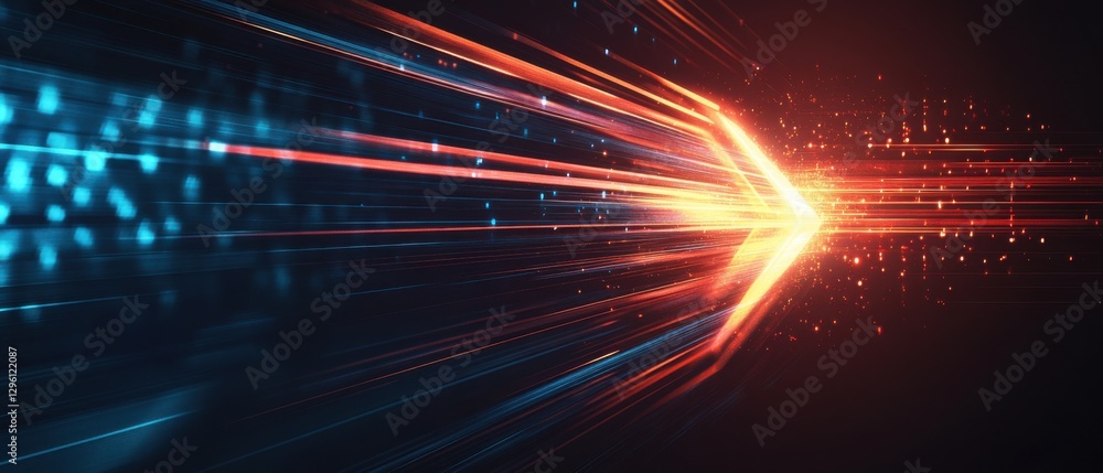 Fototapeta premium Abstract technology background with glowing light trails and arrow shape, concept of speed, data transfer, and futuristic innovation