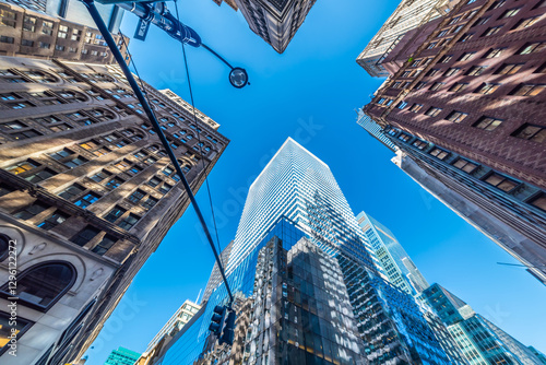 Old and modern skyscrapers in Midtown Manhattan seen from below