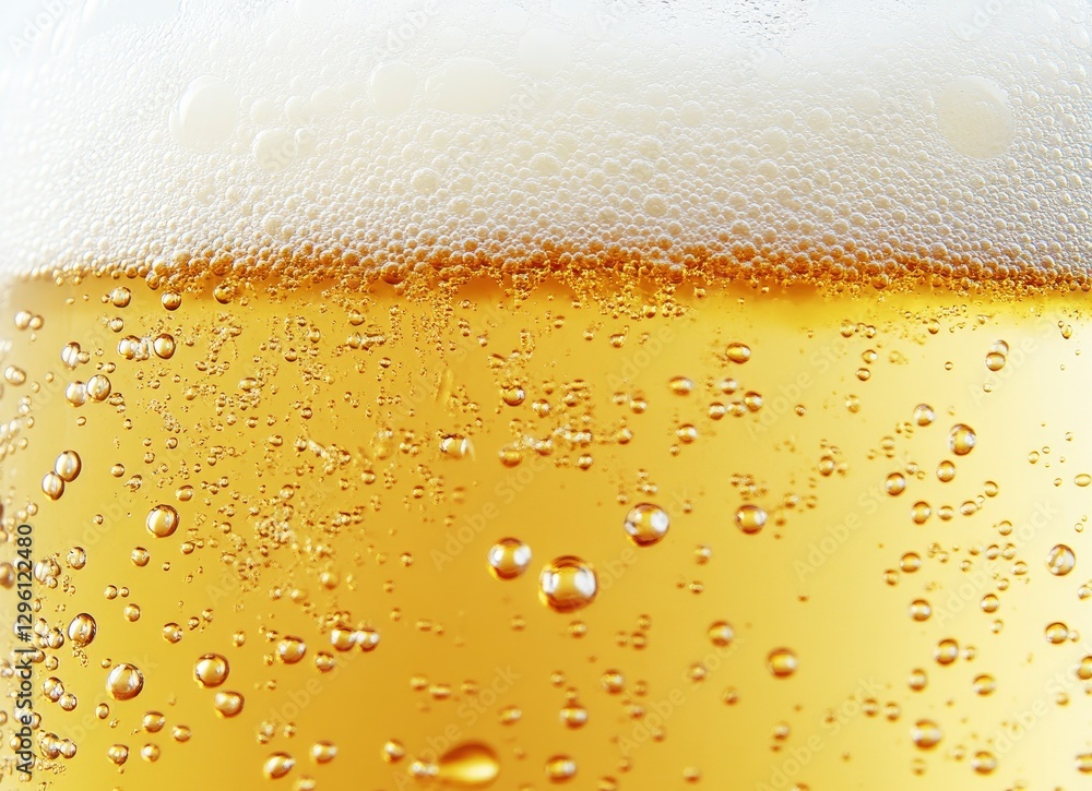 Close-up of a fresh, golden beer with white foam and bubbles on top, captured through macro photography. Close-up of a fresh, golden beer with white foam and bubbles on top, captured through macro photography.