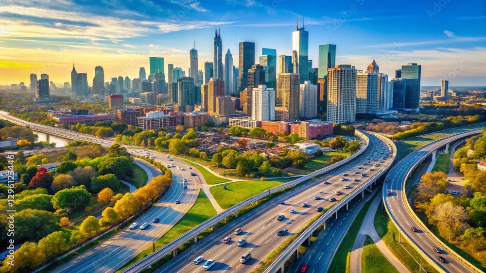 Naklejka premium Aerial View of Multi-Lane Highway Approaching Chicago Cityscape