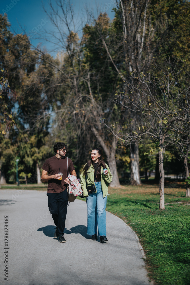 Fototapeta premium Young friends walking in a park enjoying a sunny afternoon