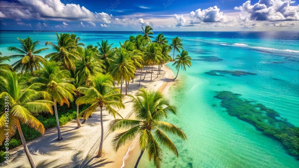 Fototapeta premium Aerial View of Paradise Island Beach with Leaning Palm Trees - Tropical Getaway