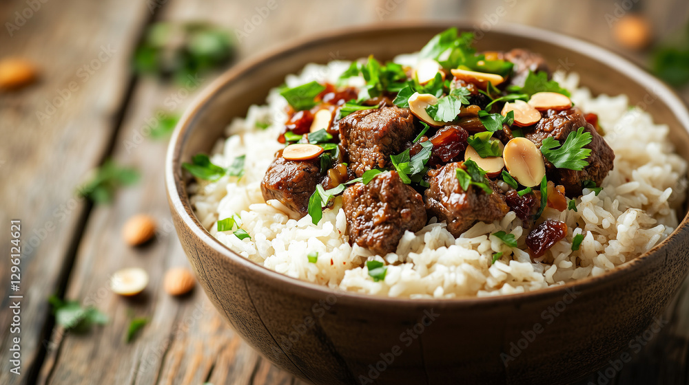 Traditional Middle Eastern Dish with Meat and Rice, Garnished with Nuts and Herbs, Served in a Rustic Bowl on a Wooden Table. Traditional Middle Eastern Dish with Meat and Rice, Garnished with Nuts and Herbs, Served in a Rustic Bowl on a Wooden Table.