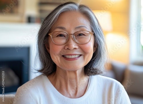 An Asian senior woman smiling  with a living room background  a light color theme  a bright and clean white space with a blurred background  in a professional photography style  