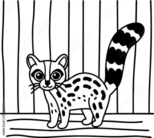 Black and White Line Art of a Genet in a Cage, Zoo Animal Illustration, Wildlife Conservation, Intricate Patterns