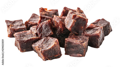 pile of small. cubed pieces of dried meat. likely beef jerky. showcasing a rich. dark color and a chewy texture this snack is popular for its high protein content and convenience. making it ideal for