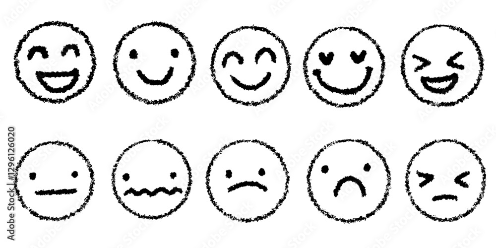 Crayon charcoal face emotion customer satisfaction survey service doodle faces set. Happy angry avatar sketches. Crayon charcoal face emotion customer satisfaction survey service doodle faces set. Happy angry avatar sketches.