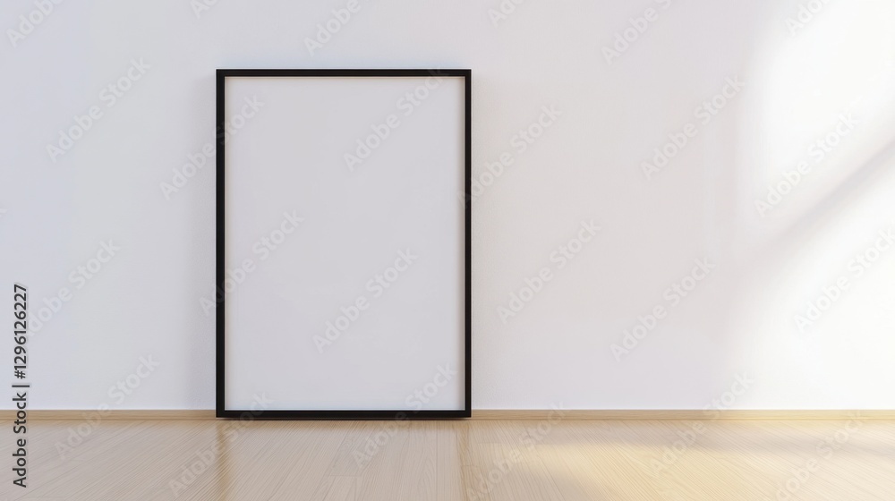 A blank black-framed picture frame stands against a minimalist wall on a wooden floor, creating a simple and modern aesthetic. A blank black-framed picture frame stands against a minimalist wall on a wooden floor, creating a simple and modern aesthetic.