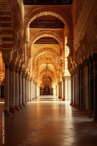A stunning corridor featuring intricate arches and warm lighting  showcasing architectural beauty and historical elegance.
