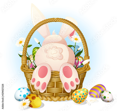 Easter Bunny Rummaging Through a Wooven Basket Filled with Eggs and Daisies. Cute Cartoon Graphic Detailed Illustration