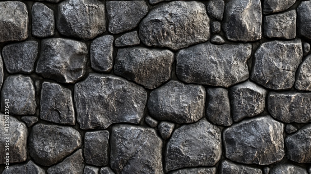 A textured stone wall composed of unevenly shaped, dark gray rocks, creating a rustic and natural appearance. A textured stone wall composed of unevenly shaped, dark gray rocks, creating a rustic and natural appearance.