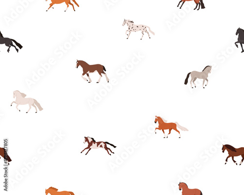 Horse pattern, seamless design. Equine animal print, endless background, texture with tiny thoroughbred stallions in motion, movement poses. Flat vector illustration for textile, wrapping, fabric