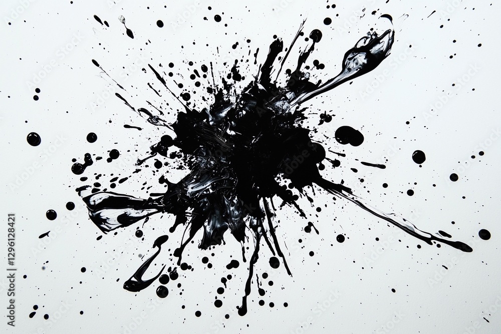 Black ink splatter on a white background creating abstract artistic design and pattern Black ink splatter on a white background creating abstract artistic design and pattern