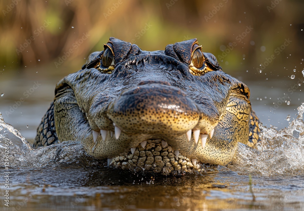 Obraz premium Majestic Close-Up of a Crocodile Emerging from Water, Showcasing Sharp Teeth and Vivid Eye Details in Natural Habitat Highlighting Wildlife Beauty
