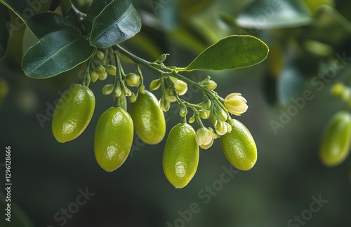 Close-up of a lime green fruit on a tree with a flower and leaves, a fresh and healthy food concept, with a blurred background 