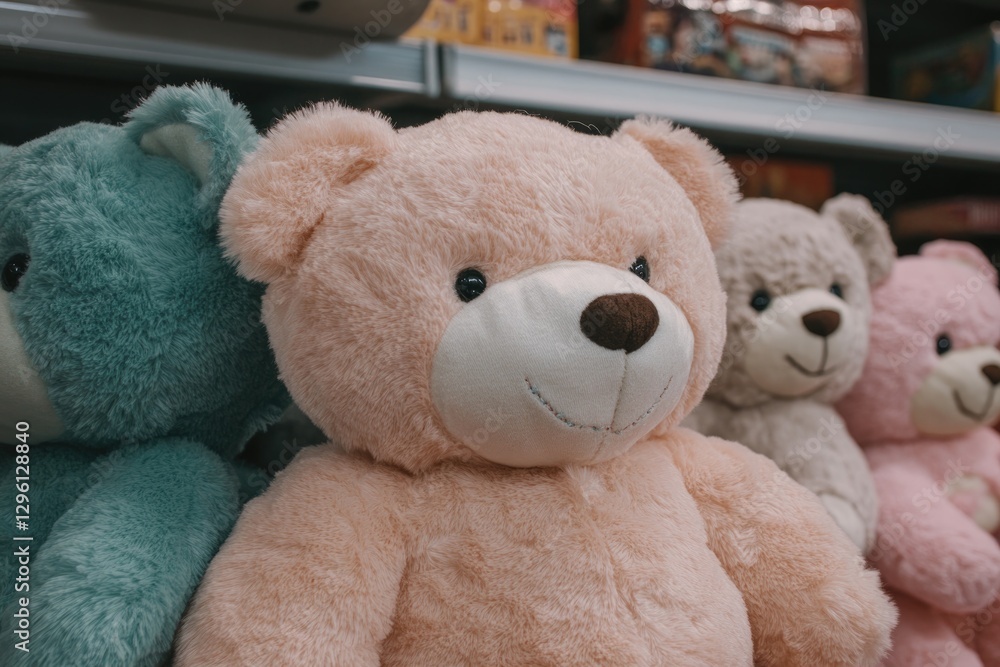 Soft, colorful bears arranged on shelf, inviting warmth and nost Soft, colorful bears arranged on shelf, inviting warmth and nost