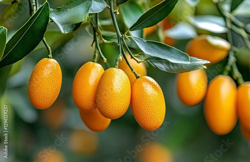 Close-up of a lime green fruit on a tree with a flower and leaves, a fresh and healthy food concept, with a blurred background 