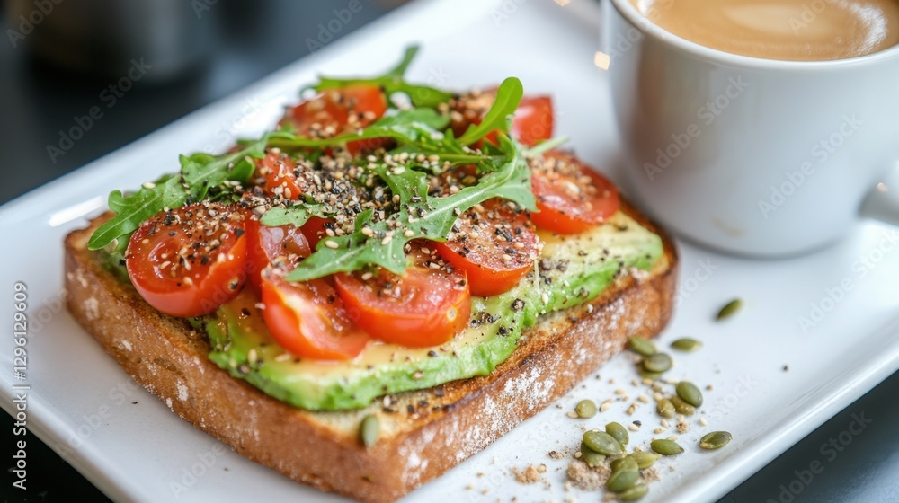 A vibrant avocado toast topped with fresh tomatoes and arugula, served alongside a cup of coffee, perfect for a healthy breakfast. A vibrant avocado toast topped with fresh tomatoes and arugula, served alongside a cup of coffee, perfect for a healthy breakfast.