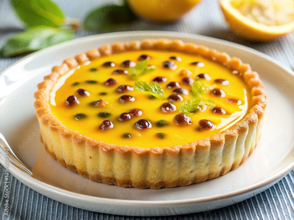 Close-up of Passion Fruit Custard Tart on White Plate - Delicious Dessert Photography Close-up of Passion Fruit Custard Tart on White Plate - Delicious Dessert Photography