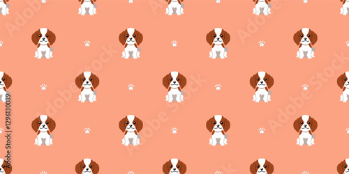 Cartoon character cute cavalier king charles spaniel dog seamless pattern background for design.