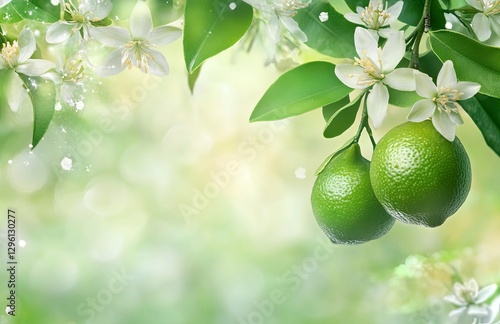 Close-up of a lime green fruit on a tree with a flower and leaves, a fresh and healthy food concept, with a blurred background 
