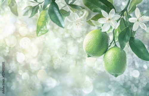 Close-up of a lime green fruit on a tree with a flower and leaves, a fresh and healthy food concept, with a blurred background 