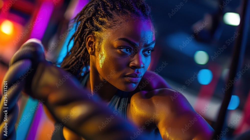 A determined woman pushes herself to the limit in a gym, her muscular physique sculpted by the intense battle rope exercise she is performing. Sweat beads on her brow, reflecting the vibrant lights, A determined woman pushes herself to the limit in a gym, her muscular physique sculpted by the intense battle rope exercise she is performing. Sweat beads on her brow, reflecting the vibrant lights,