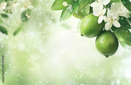 Close-up of a lime green fruit on a tree with a flower and leaves, a fresh and healthy food concept, with a blurred background 
