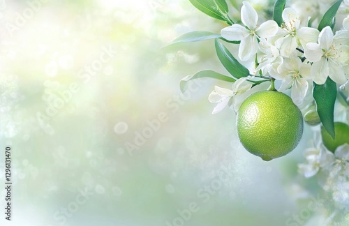 Close-up of a lime green fruit on a tree with a flower and leaves, a fresh and healthy food concept, with a blurred background 