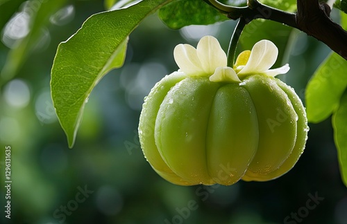 Close-up of a lime green fruit on a tree with a flower and leaves, a fresh and healthy food concept, with a blurred background 