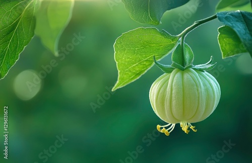 Close-up of a lime green fruit on a tree with a flower and leaves, a fresh and healthy food concept, with a blurred background 